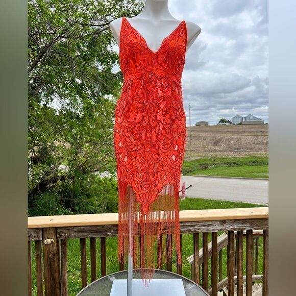 ASOS Orange Sequin Fringe Midi Slip Dress New Size 8 - Picture 1 of 16